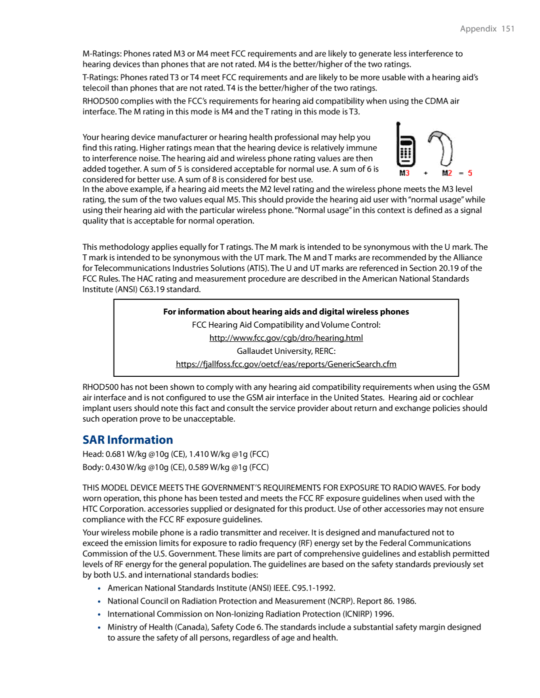 HTC RHOD500 user manual SAR Information, Appendix  